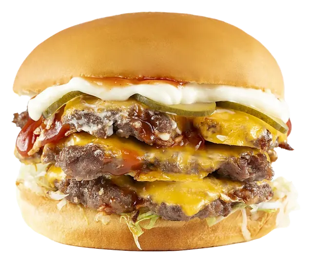 Triplu Cheeseburger Salty: trei chiftele smash din Black Angus și brânză topită pe chiflă Martin's
